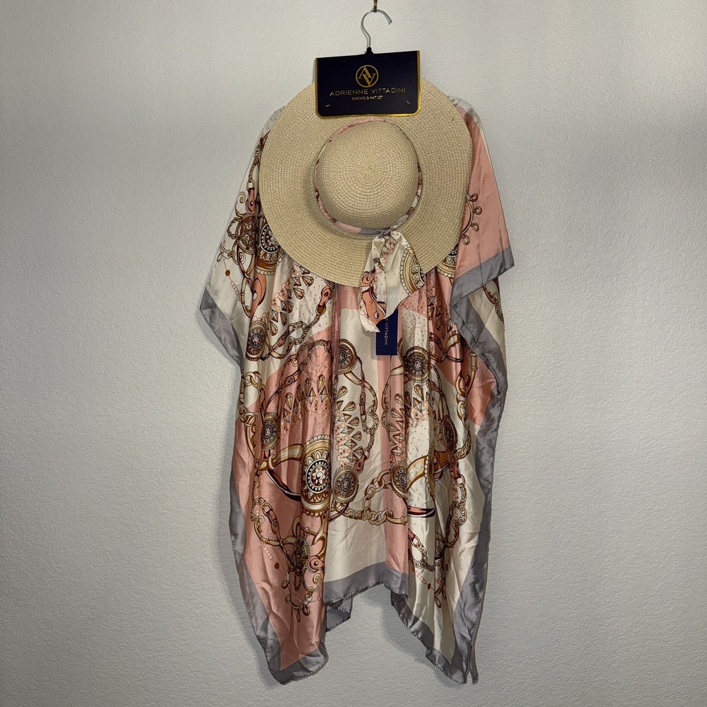 NWT Adrienne Vittadini Kimono & Hat Set Pink Cream Chain Print Resort Cover Up
